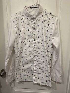 White Long-Sleeve Dress Shirt with Navy Skull Print